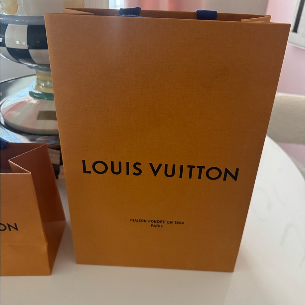 Louis Vuitton Orange Gift Shopping Bag with Navy Logo med size fits a small bag